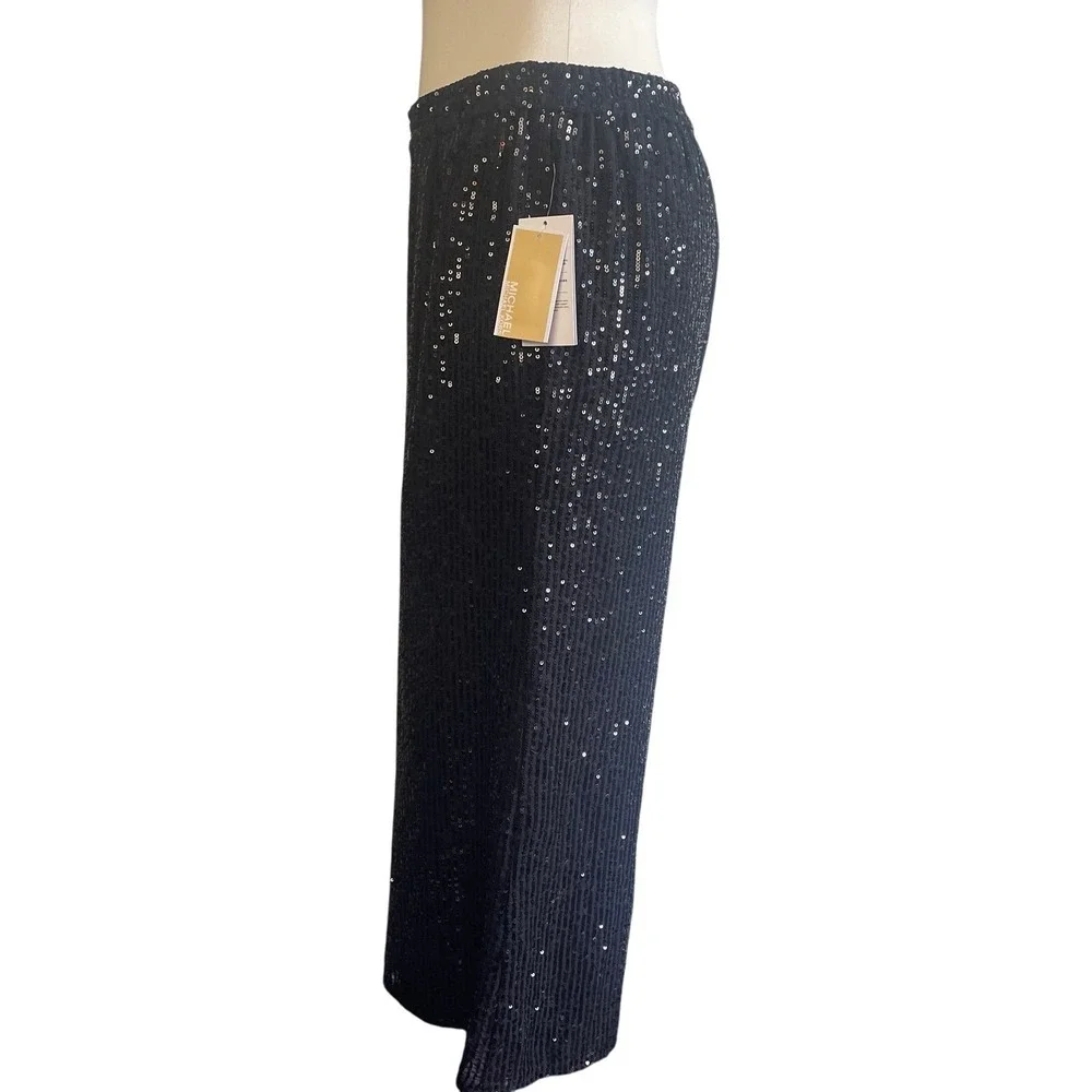 Michael Kors Black Sequin Wide Leg Cropped Pants Women's Size M‎